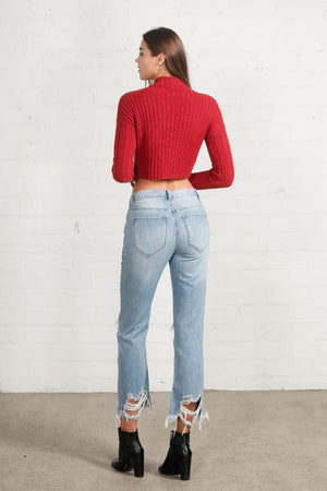 High Waist Ripped Frayed Hem Straight Jeans