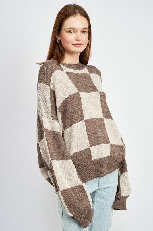 CHECKERED SWEATER WITH BUBBLE SLEEVES