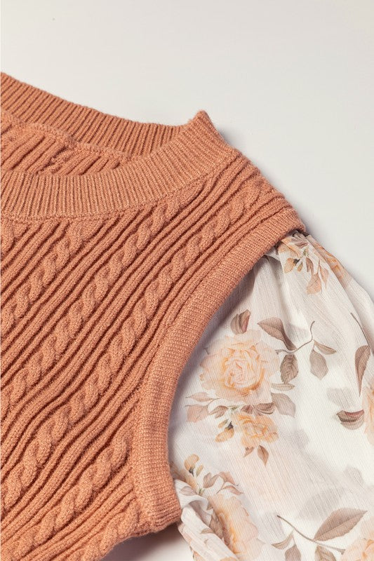 Floral Ruffle Cuff Sleeve Cable Knit Sweater