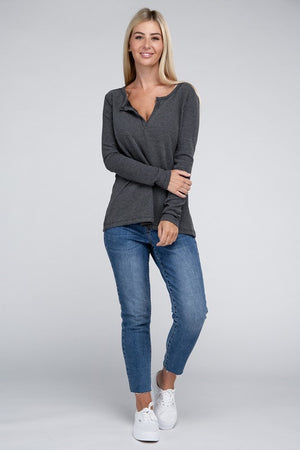 Melange Baby Waffle V-Neck Long Sleeve Top