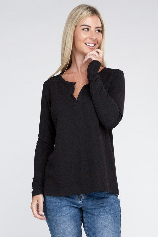 Melange Baby Waffle V-Neck Long Sleeve Top