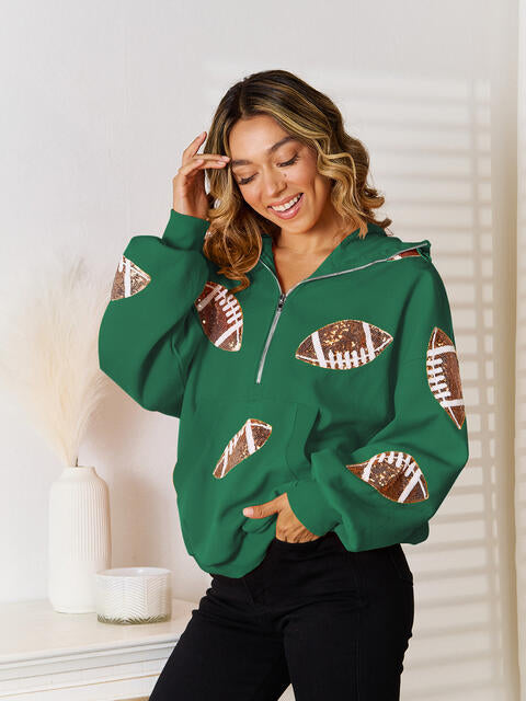 Sequin Football Patch Hal-Zip Hoodie