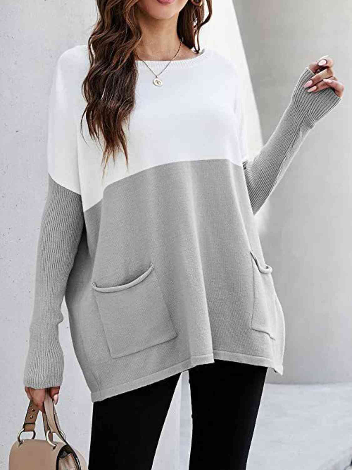 Two Tone Pullover Sweater with Pockets