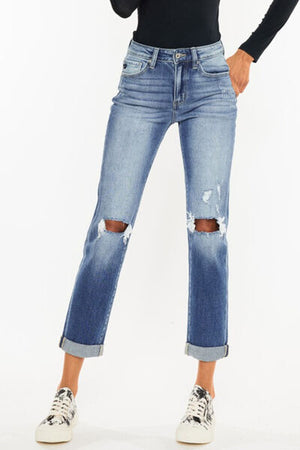 Kancan High Waist Distressed Hem Detail Cropped Straight Jeans