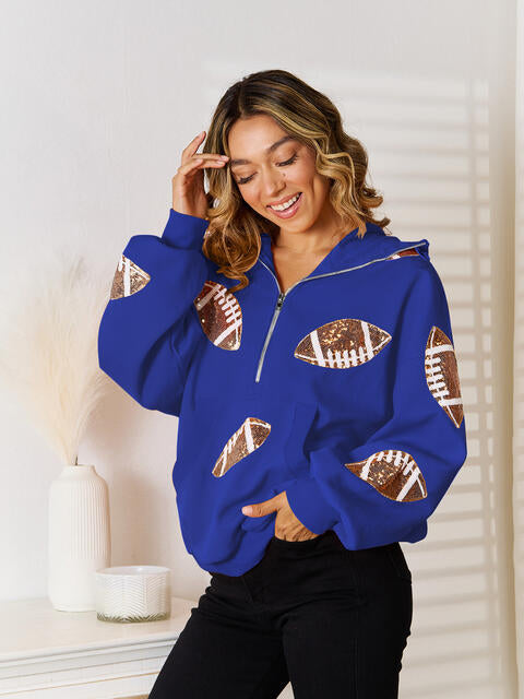 Sequin Football Patch Hal-Zip Hoodie