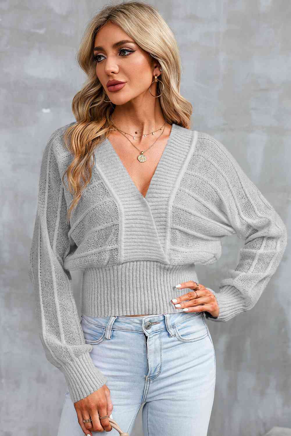 Surplice Neck Lace-Up Sweater