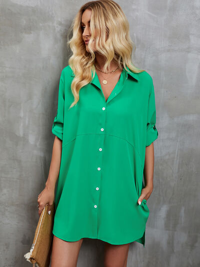 Pocketed Button Up Dropped Shoulder Oversized Shirt