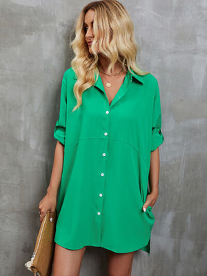 Pocketed Button Up Dropped Shoulder Oversized Shirt