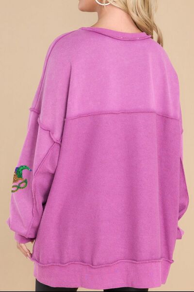 Mardi Gras Sequin Half Button Exposed Seam Sweatshirt