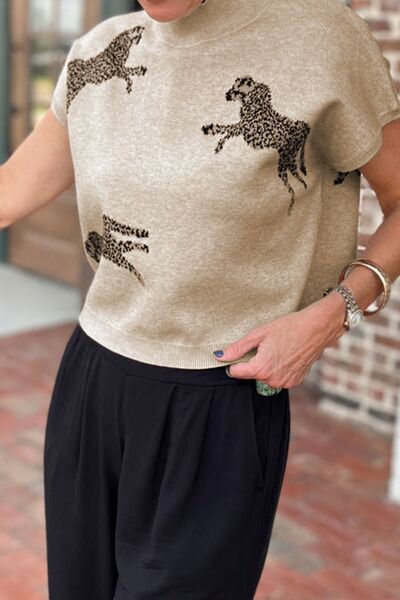 Animal Graphic Mock Neck Cap Sleeve Sweater